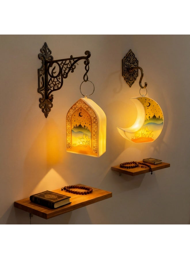 طقم فوانيس رمضان ليد قطعتين – يشمل شكل هلال وشكل أرك إسلامي – إضاءة ديكور للمنزل والتعليق (12 × 8 سم) - Image 5